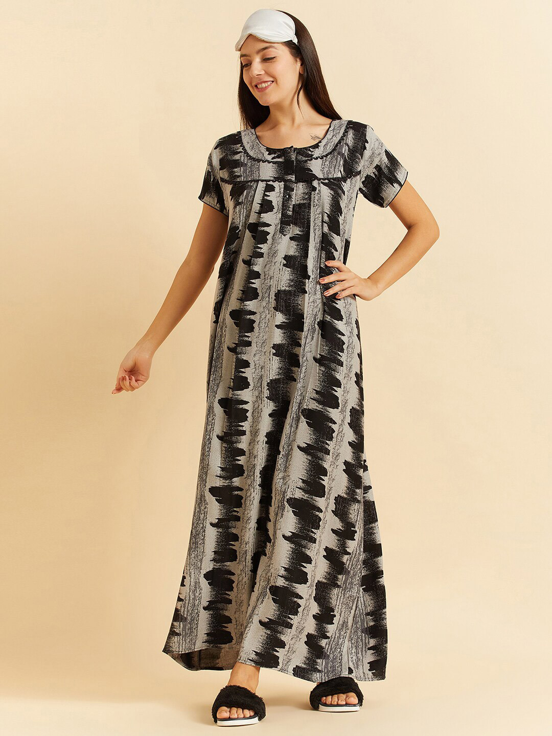 

Sweet Dreams Black Abstract Printed Pure Cotton Maxi Nightdress