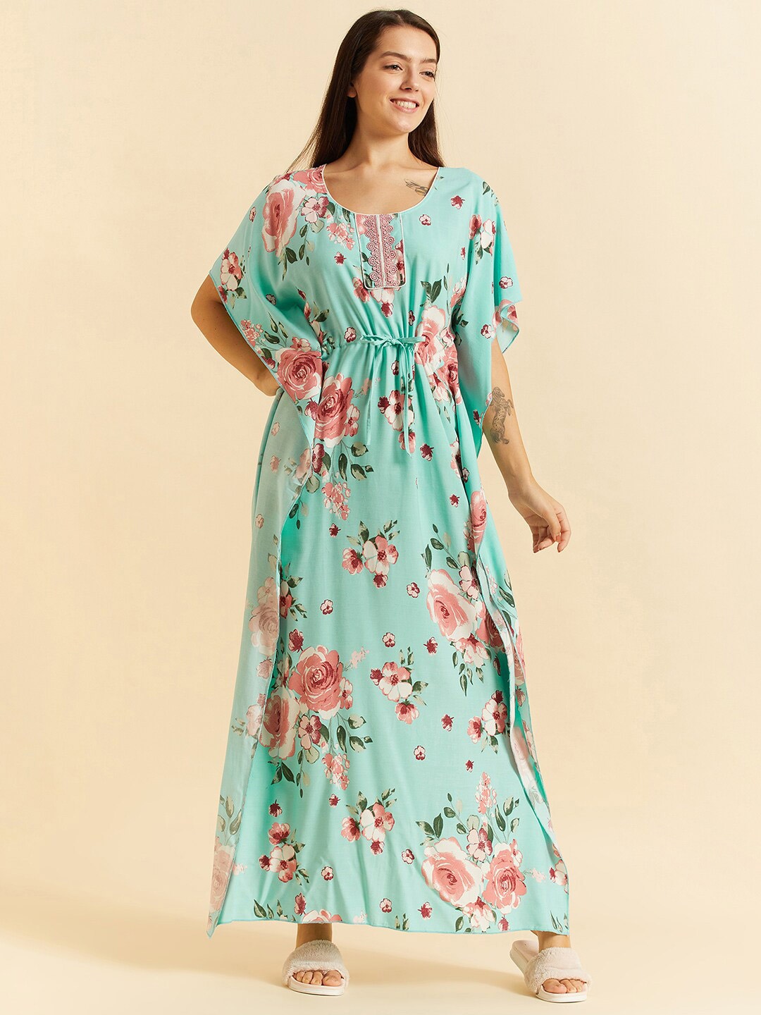 

Sweet Dreams Green Floral Printed Maxi Kaftan Nightdress