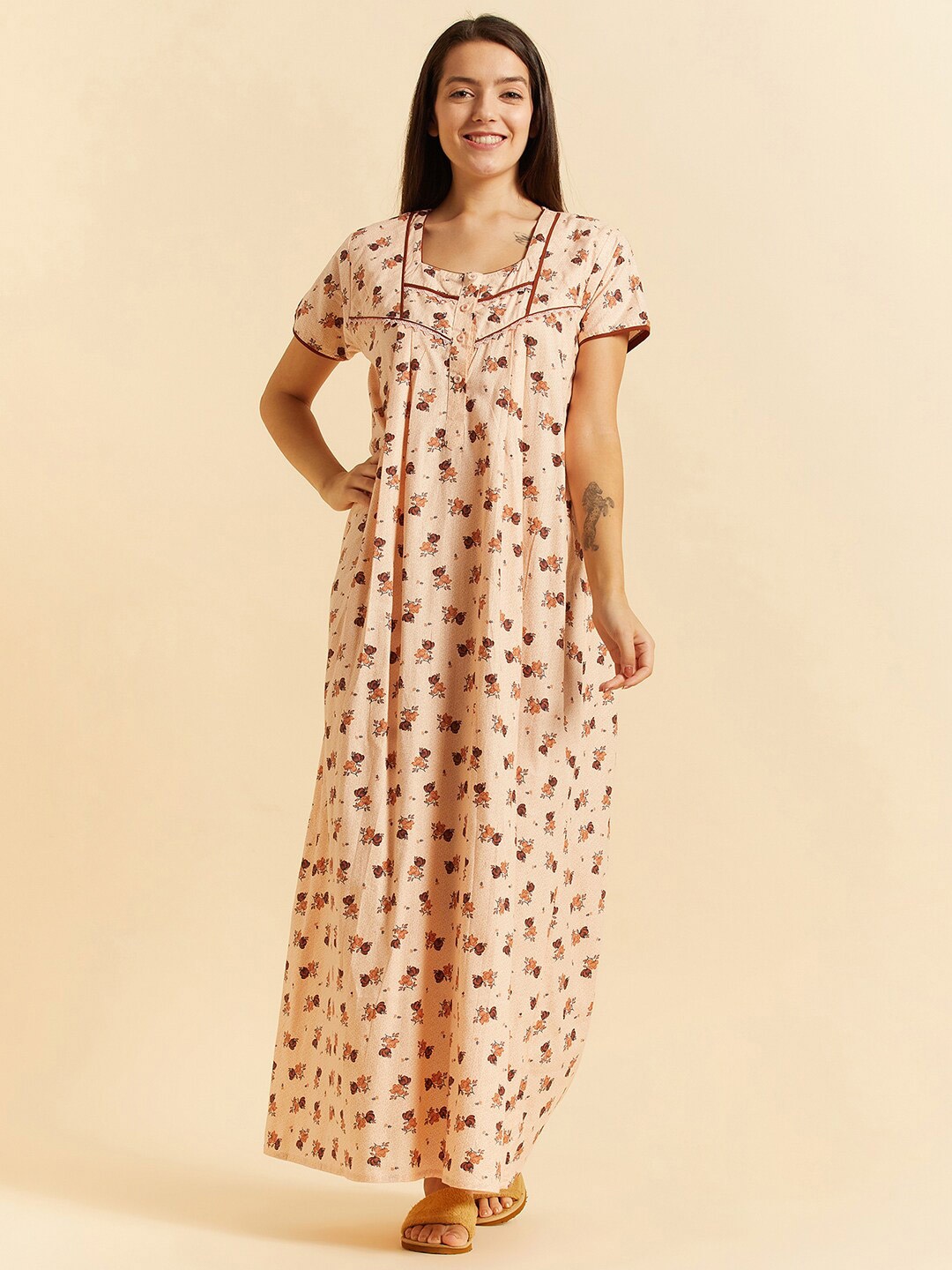 

Sweet Dreams Peach-Coloured Floral Printed Pure Cotton Maxi Nightdress