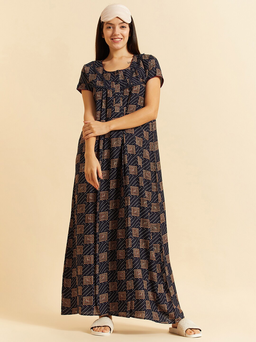 

Sweet Dreams Navy Blue Geometric Printed Pure Cotton Maxi Nightdress