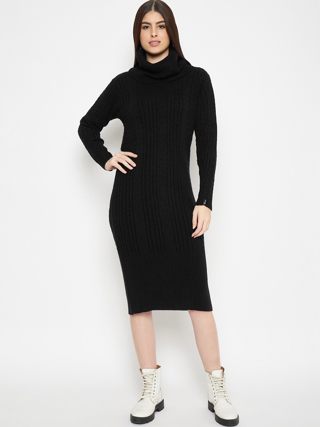 

CREATIVE LINE Woollen Mock Neck Midi Jumper Dress, Black