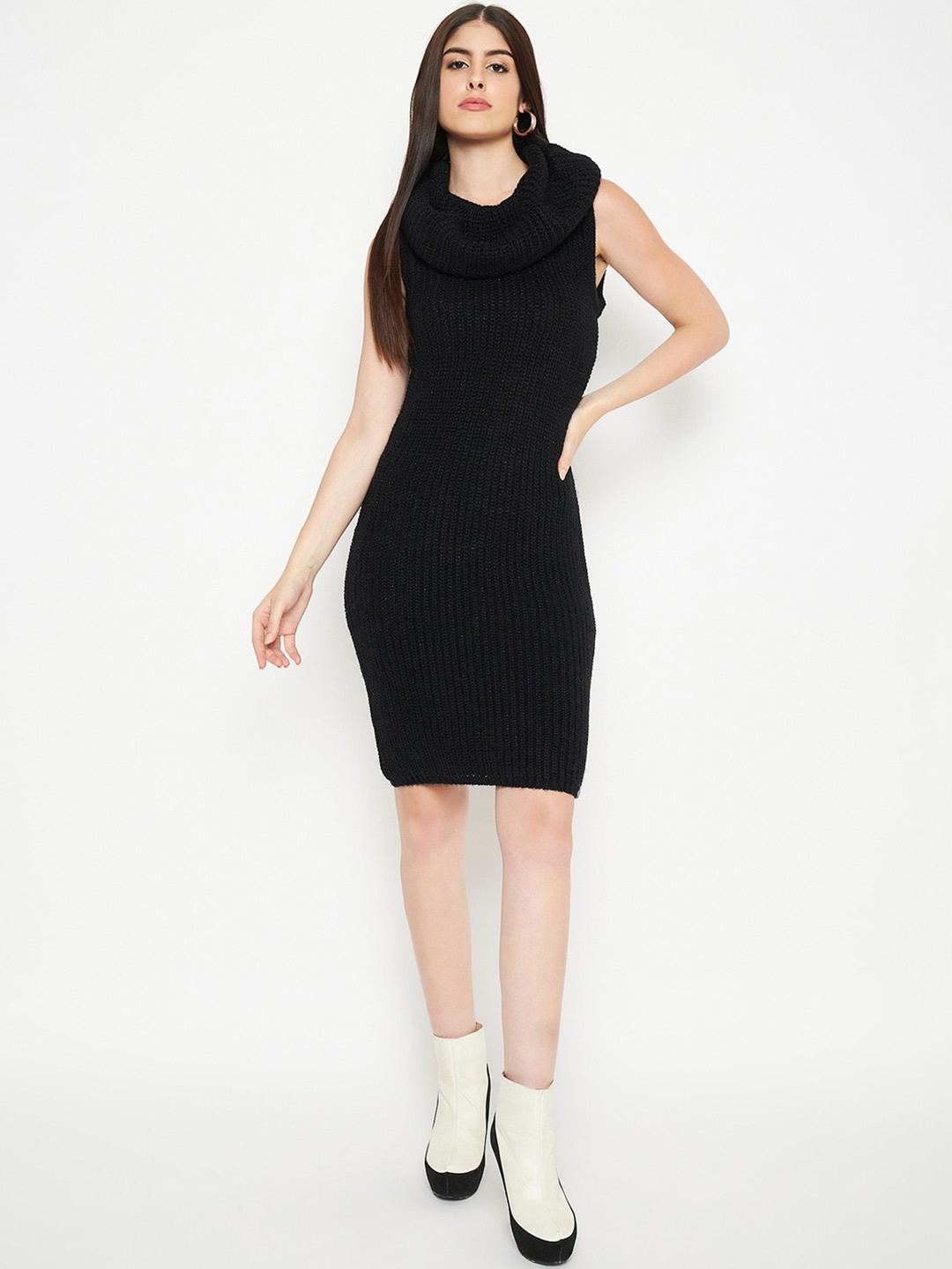 

CREATIVE LINE Self Design Cowl Neck Woollen Bodycon Dress, Black