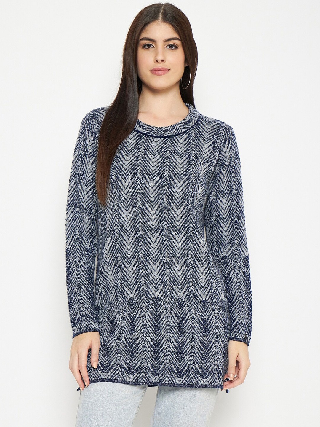 

CREATIVE LINE Self Design Woollen Sweater, Navy blue
