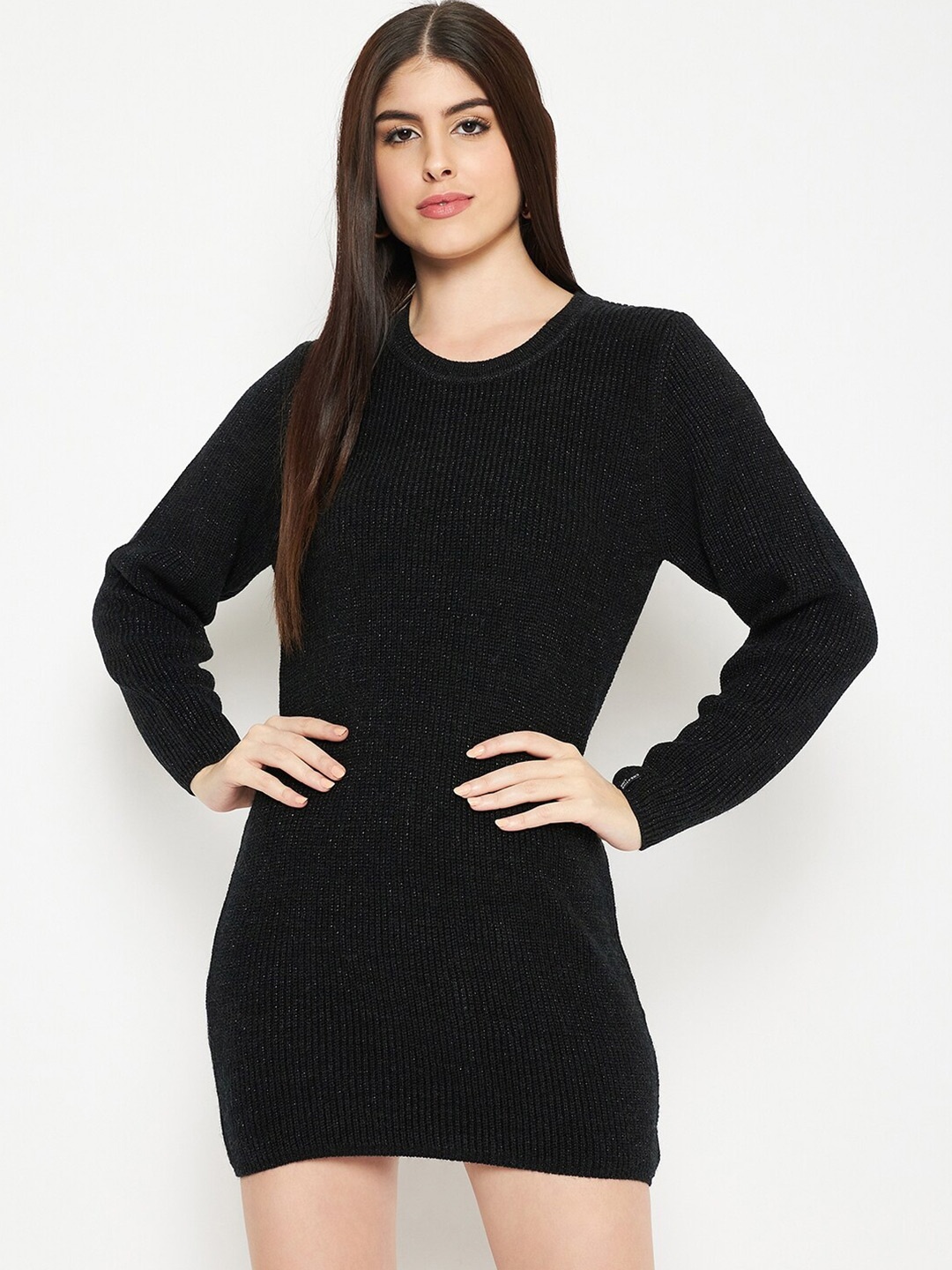 

CREATIVE LINE Self Design Woollen Mini Dress, Black