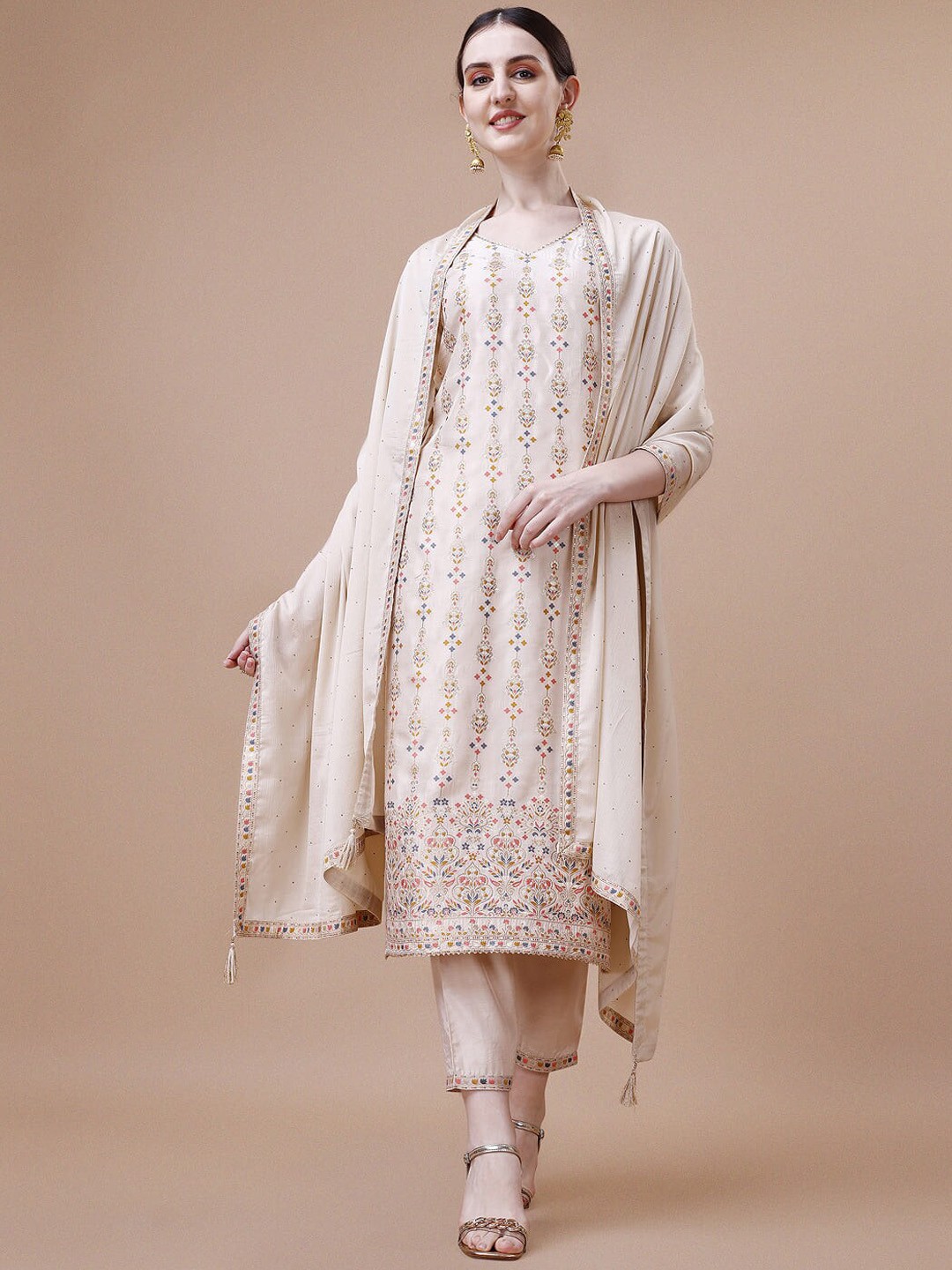 

KALINI Ethnic Motifs Woven Design Regular Silk Gotta Patti Kurta With Trousers & Dupatta, Beige