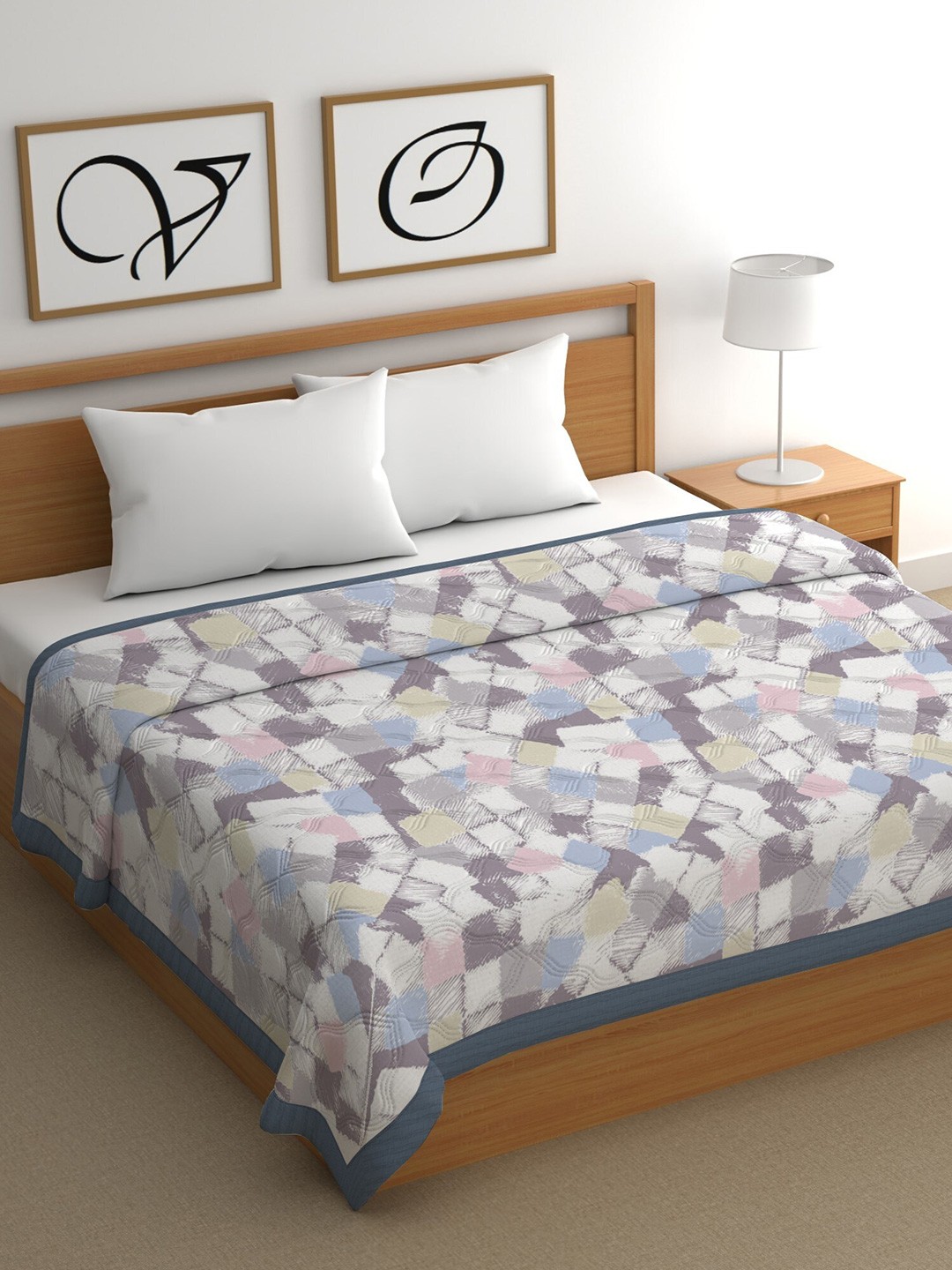 

CHHAVI INDIA Grey & Blue Geometric AC Room Cotton 350 GSM Double Bed Comforter