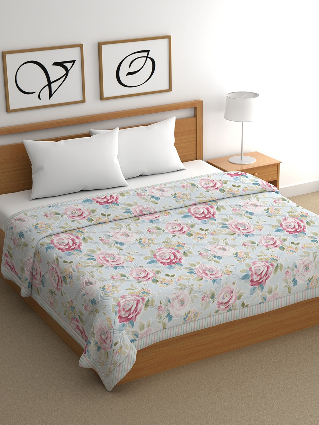 

CHHAVI INDIA Pink & Blue Floral AC Room Cotton 210 GSM Double Bed Comforter