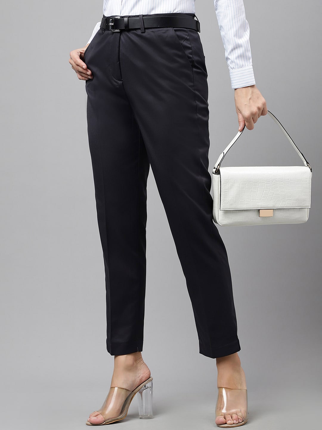 

English Navy Women Slim Fit High-Rise Wrinkle Free Elastane Stretchable Formal Trousers, Navy blue