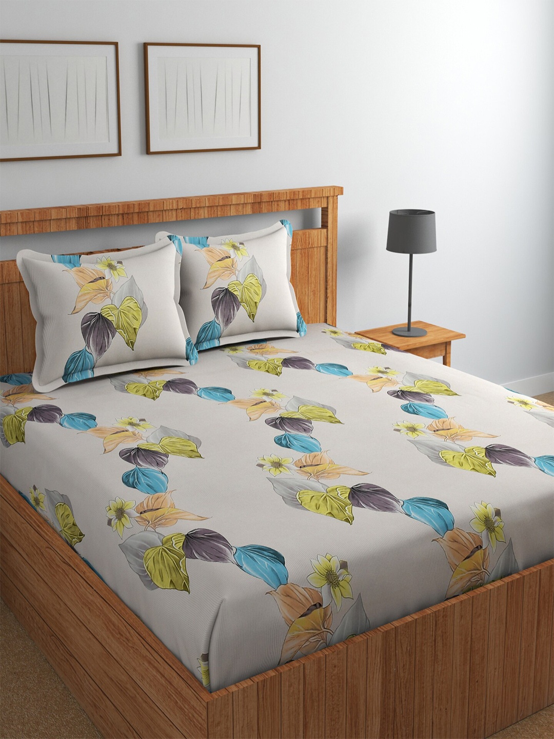 

BELVOSTUM Gulmohar Green & Blue Floral Cotton 220 TC Queen Bedsheet with 2 Pillow Covers