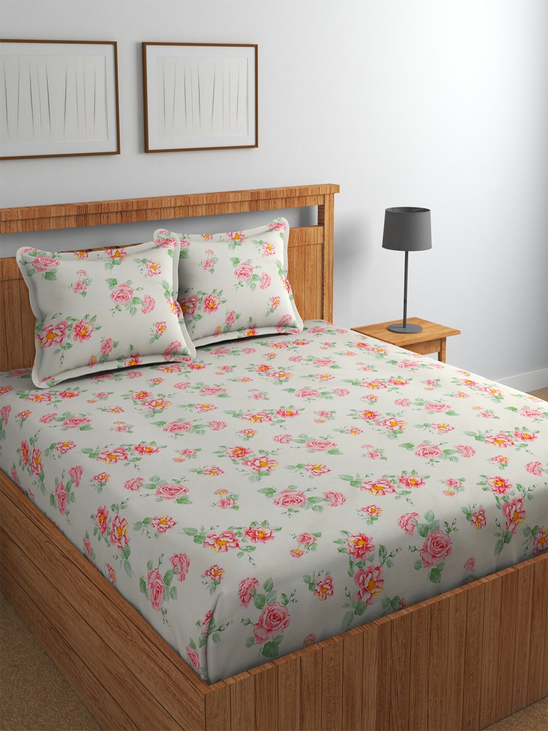 

BELVOSTUM Pink & Beige Floral Cotton 220 TC Queen Bedsheet With 2 Pillow Covers