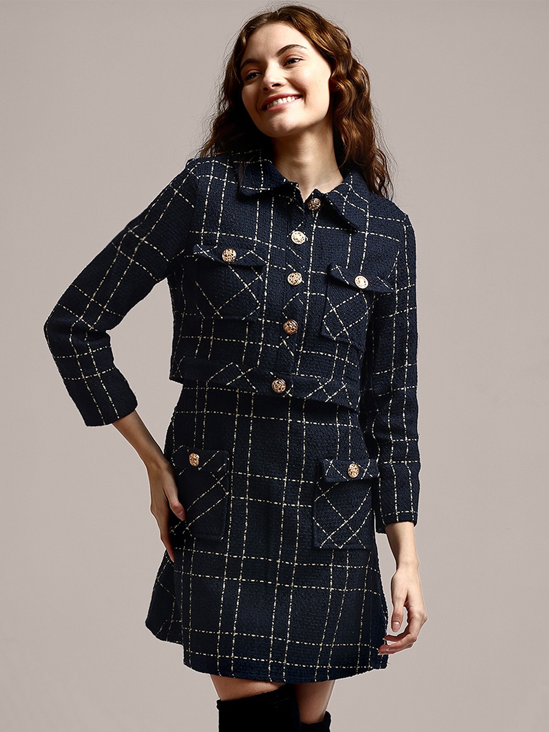 

iki chic Navy Blue Tweed Checked Cotton A Line Mini Dress With Jacket