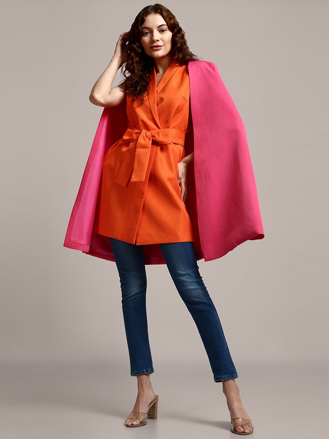 

iki chic Pink & Orange Dual Color Tied Waist Oversized Layered Blazer