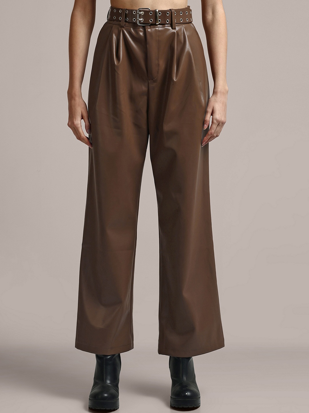 

iki chic Women High-Rise Non Iron Pleated Parallel Trousers, Brown