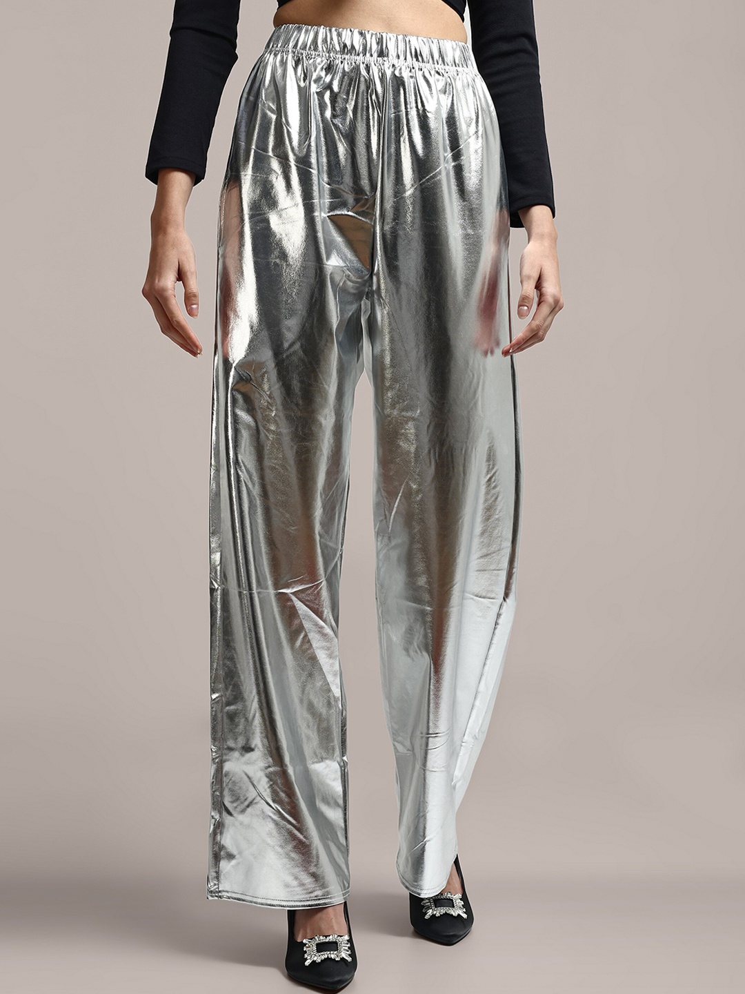 

iki chic Women High-Rise Non Iron Parallel Trousers, Silver