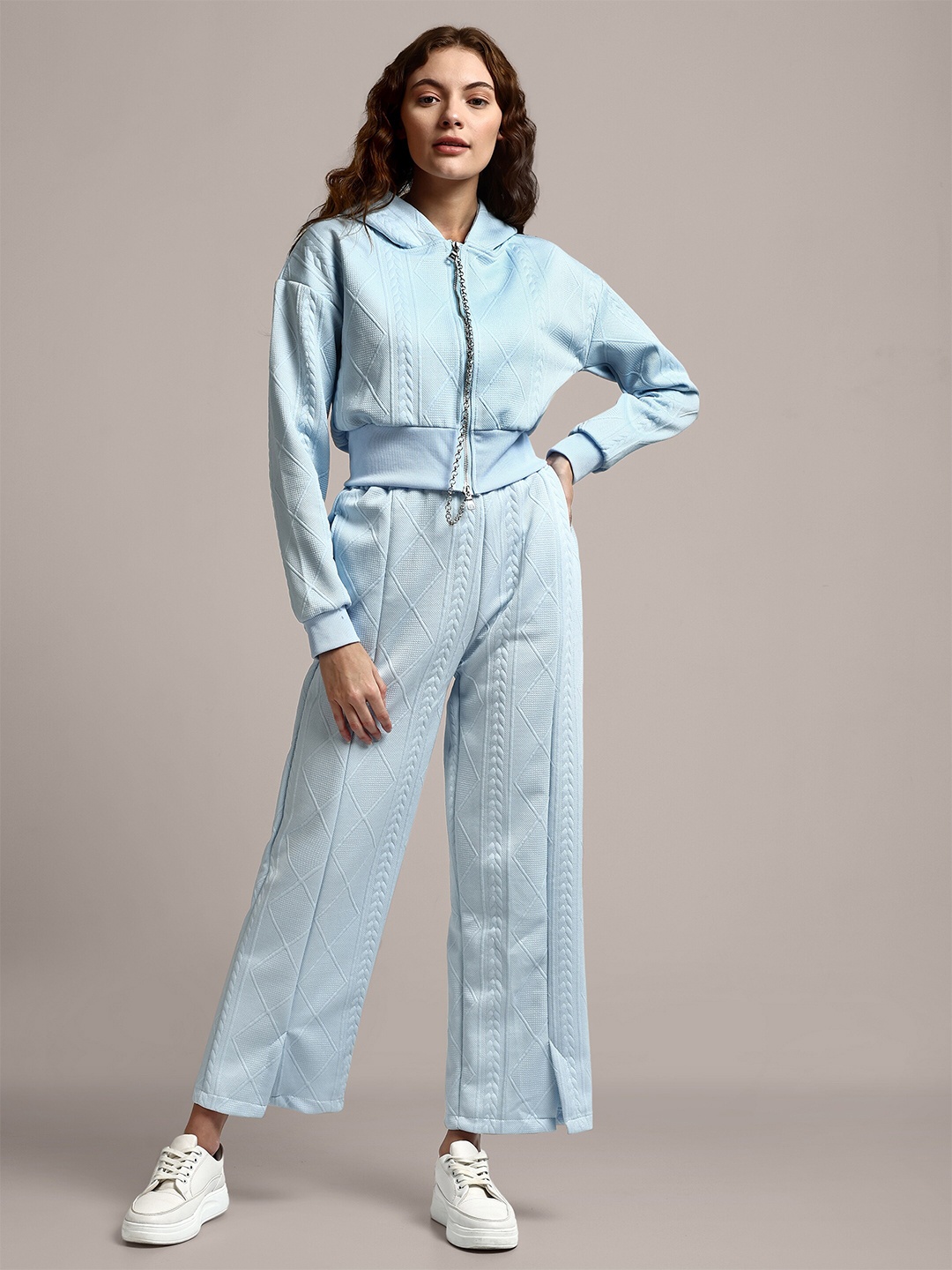 

iki chic Self Design Crop Hooded Sweatshirt & Trouser, Blue