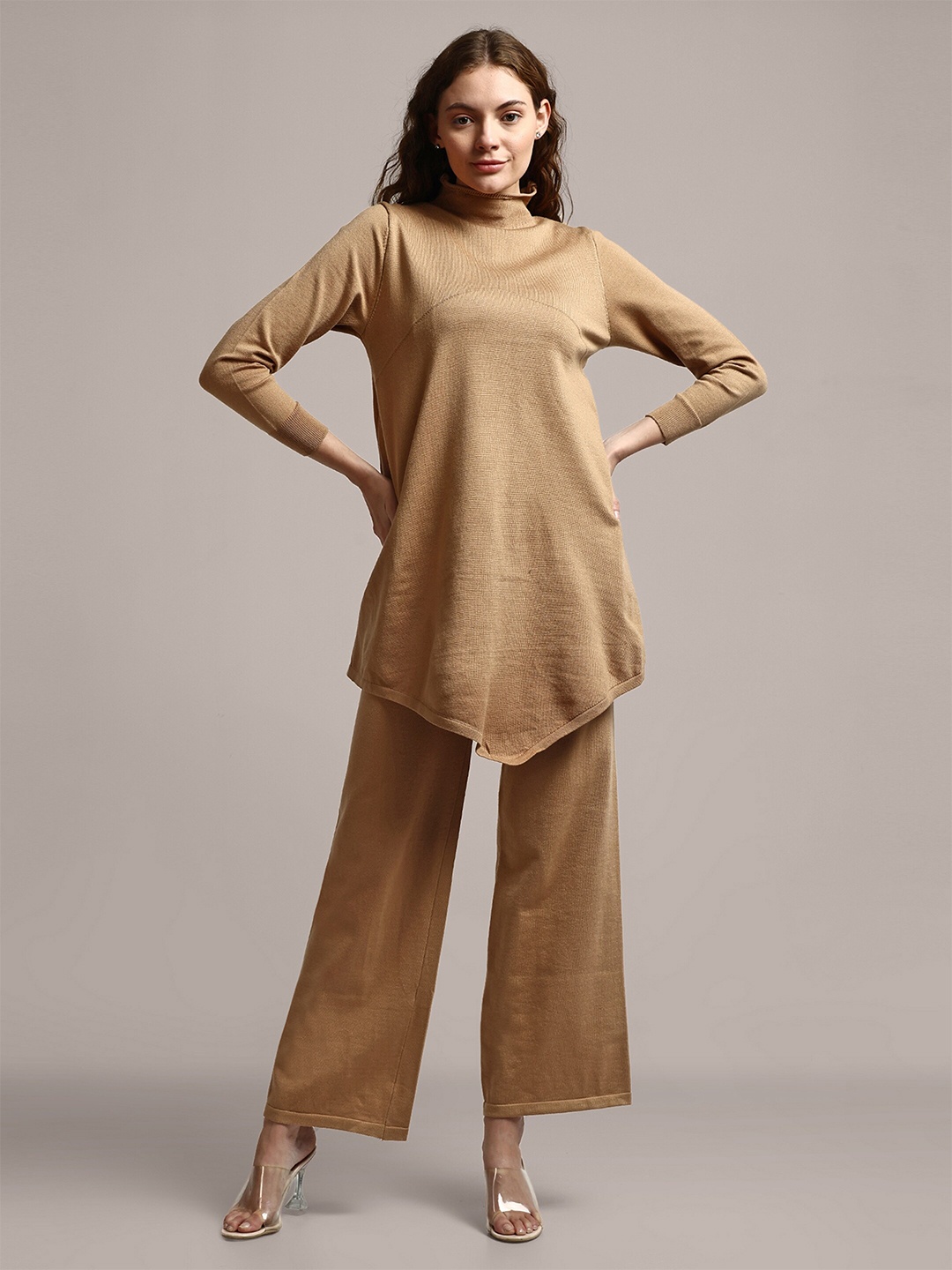 

iki chic Knitted High Neck Tunic With Trouser, Beige