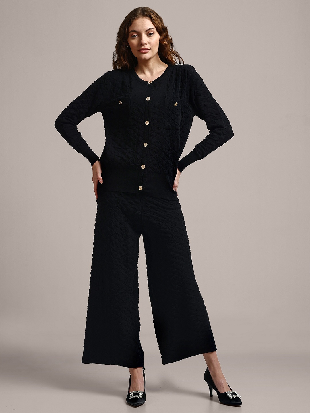 

iki chic Textured Knitted Woolen Sweater & Trousers, Black