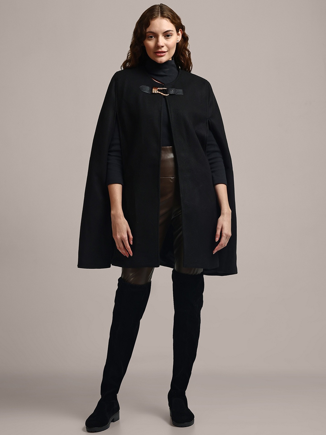 

iki chic Buckled Cloak Cape Cotton Wool Coat, Black