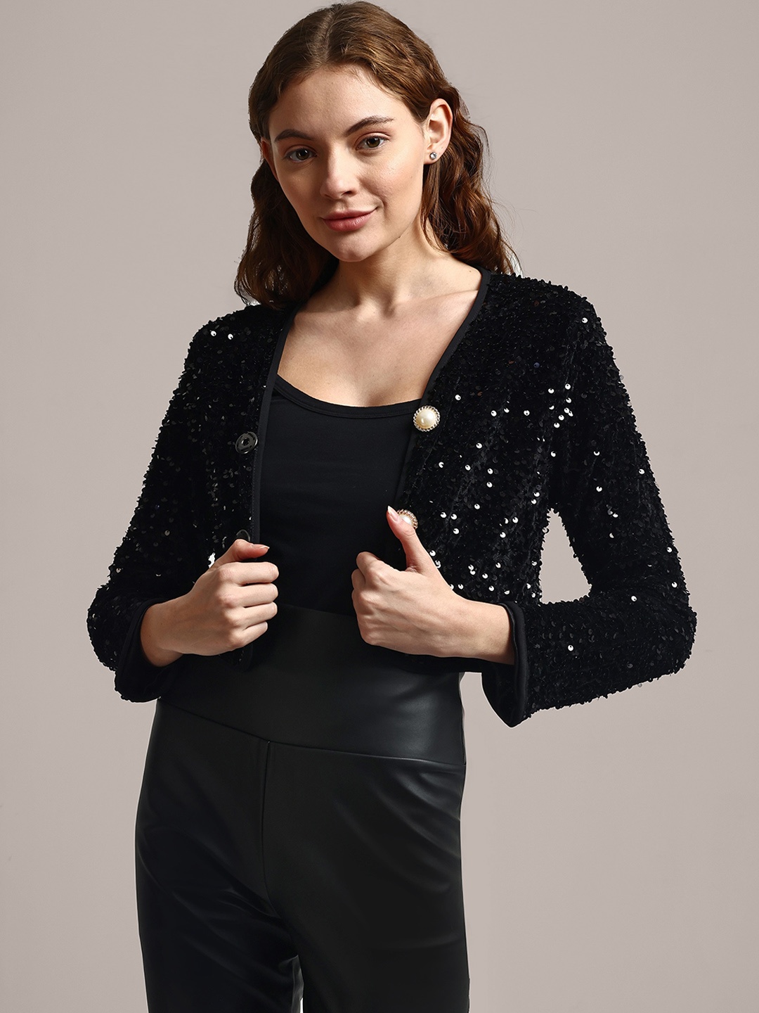 

iki chic Embellished Sequined Crop Open Front Jacket, Black