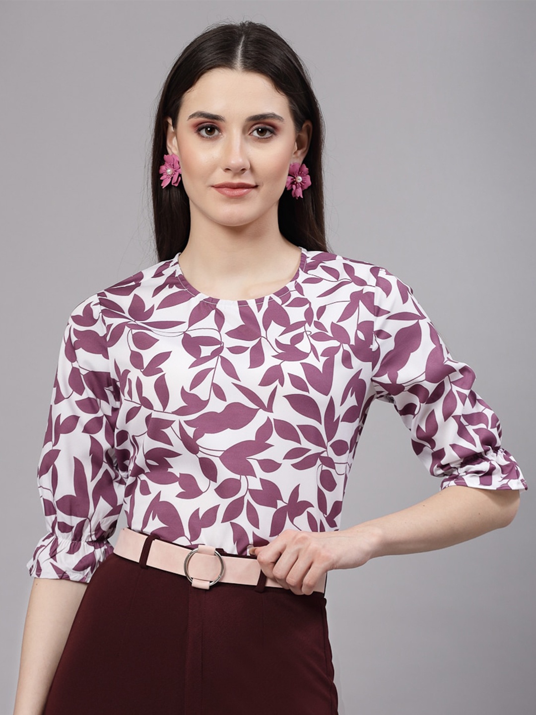 

Style Quotient Mauve Floral Printed Bell Sleeve Regular Top