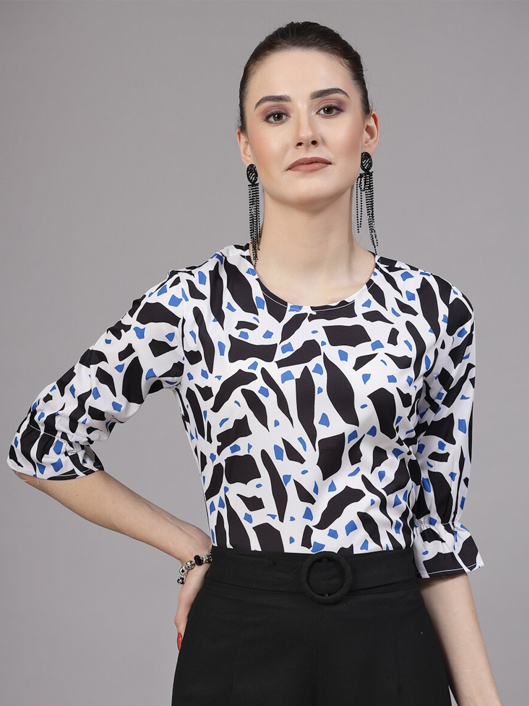 

Style Quotient White & Blue Abstract Printed Bell Sleeve Regular Top