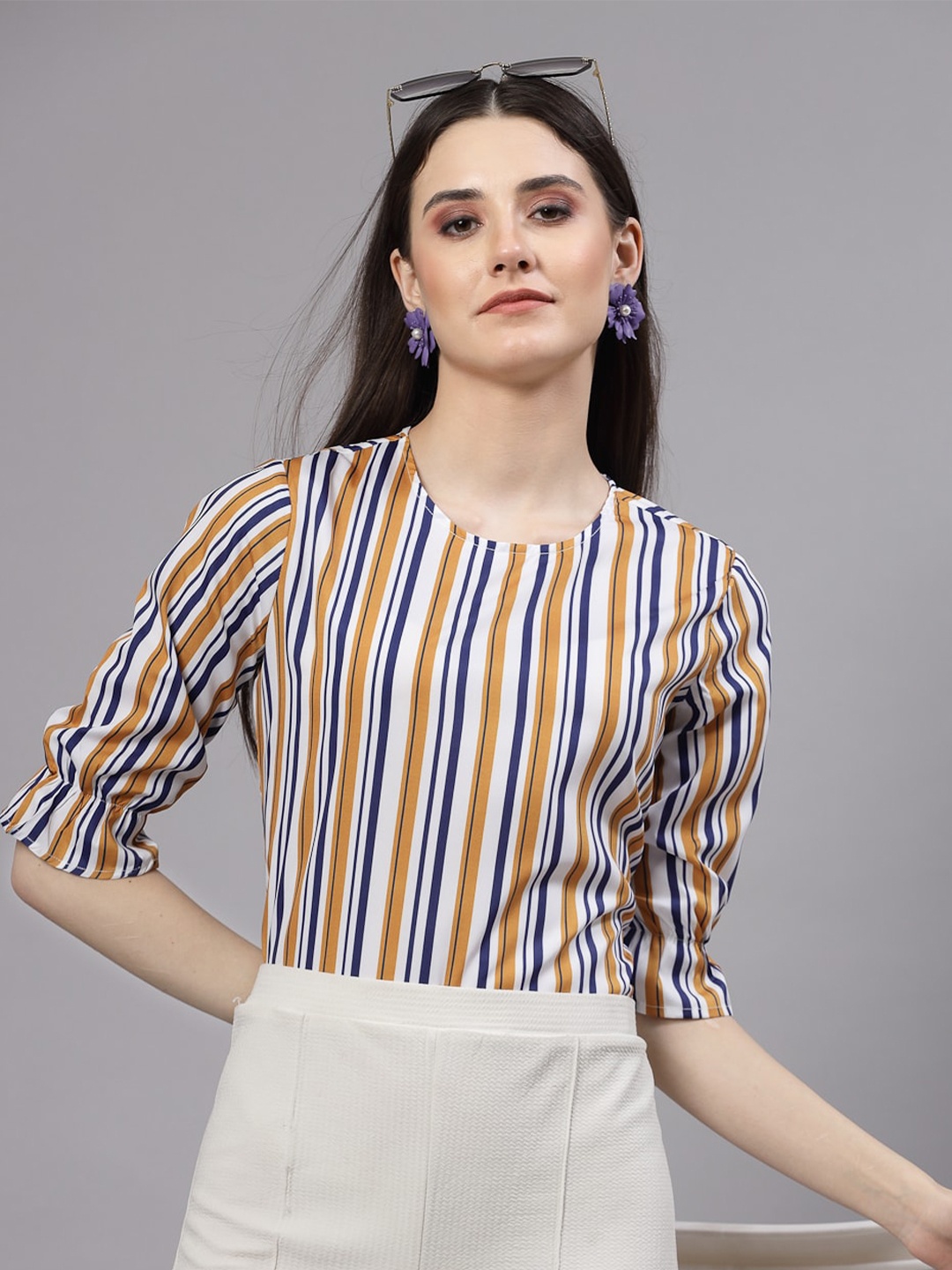 

Style Quotient Mustard Yellow Vertical Striped Bell Sleeve Regular Top