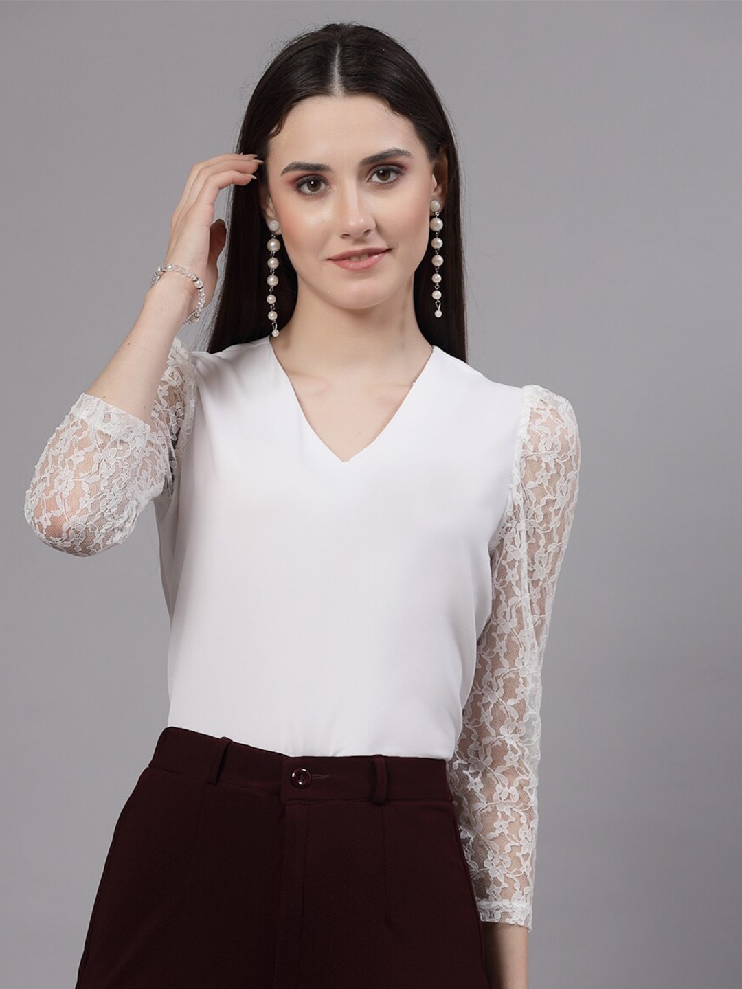 

Style Quotient White V-Neck Puff Sleeve Lace Inserts Regular Top