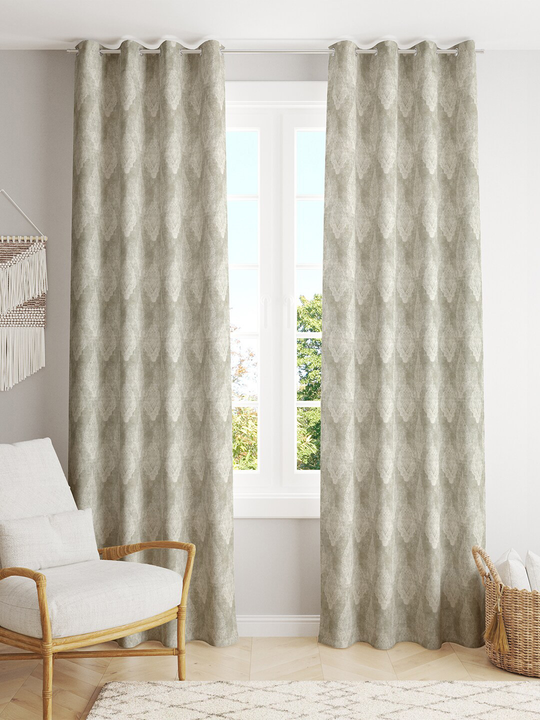 

LINENWALAS Happy Sleeping 2 Pcs Silver-Toned & White Geometric Black Out Long Door Curtain