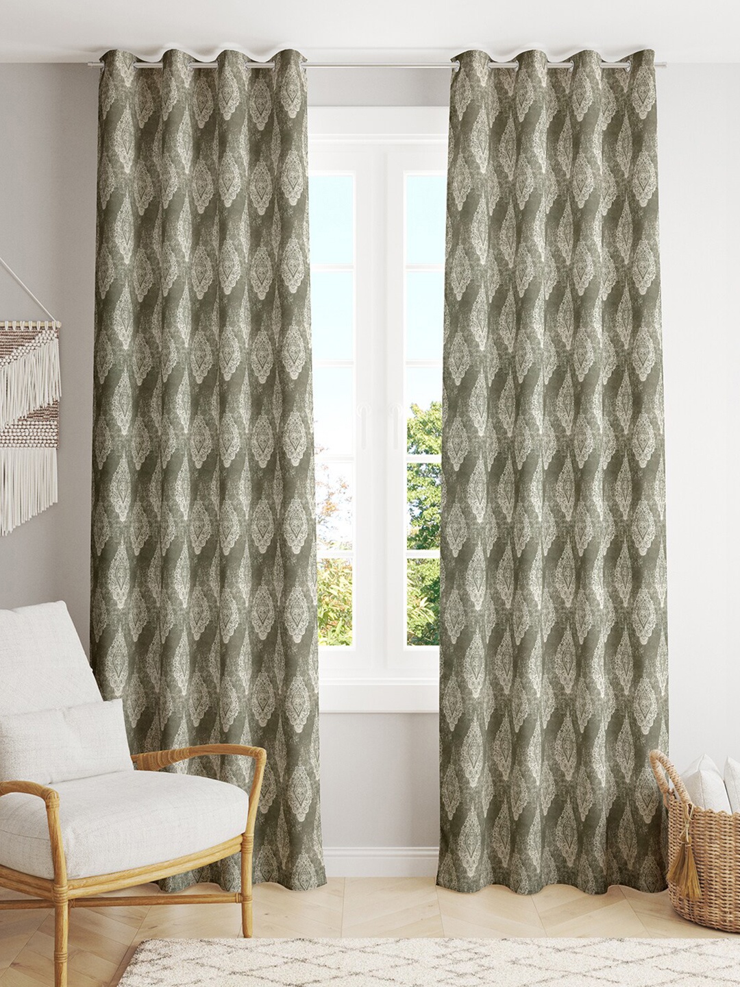 

LINENWALAS Happy Sleeping Green & Beige 2 Pieces Ethnic Motifs Black Out Window Curtains