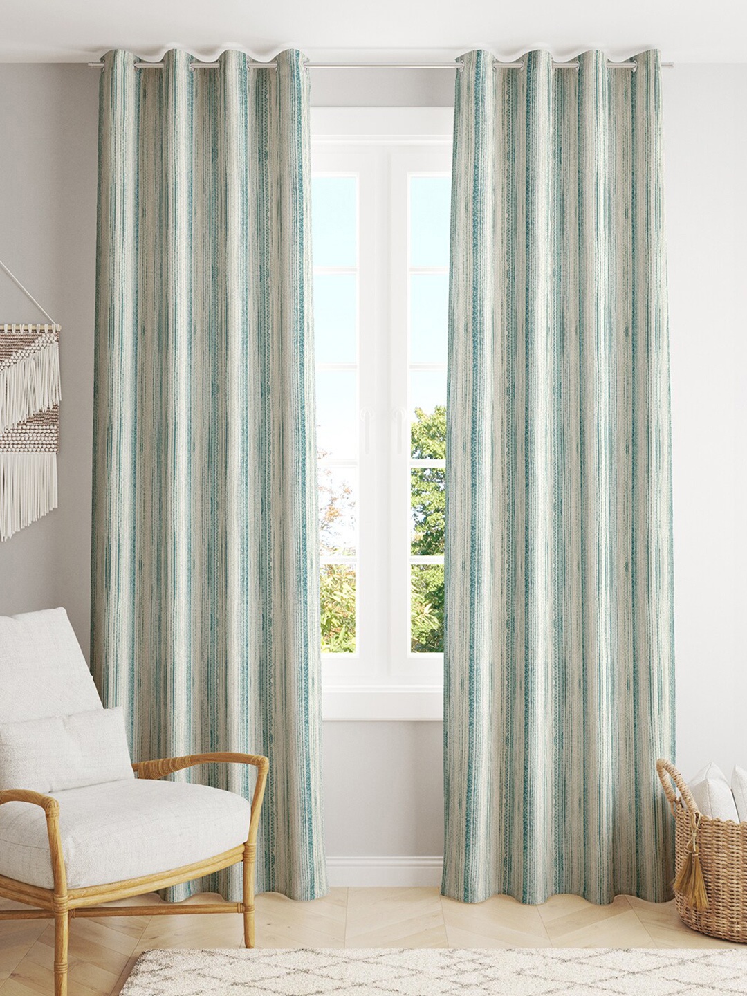 

LINENWALAS Happy Sleeping Teal & White 2-Pieces Black Out Window Curtains