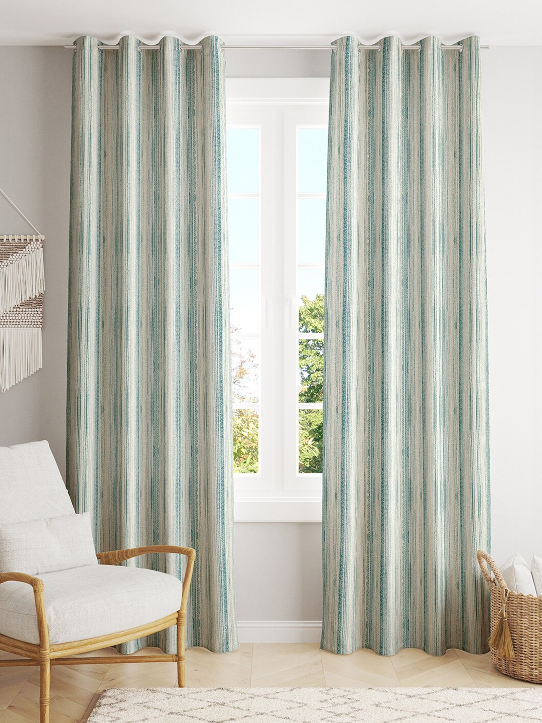 

LINENWALAS Happy Sleeping Teal & White 2 Pieces Striped Black Out Door Curtains