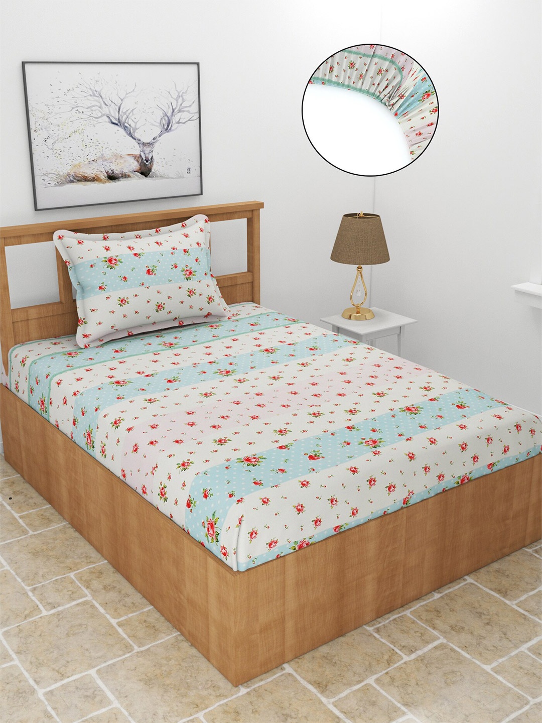 

BREVARD Off White & Red Floral 210 TC Fitted Single Bedsheet With 1 Pillow Cover