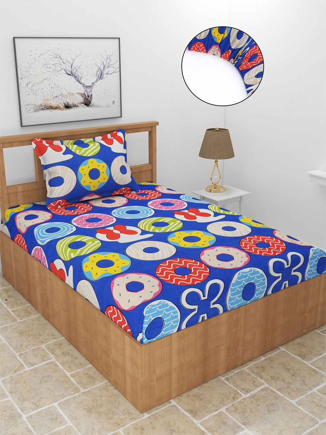 

BREVARD Blue & Red Geometric 210 TC Fitted Single Bedsheet With 1 Pillow Cover