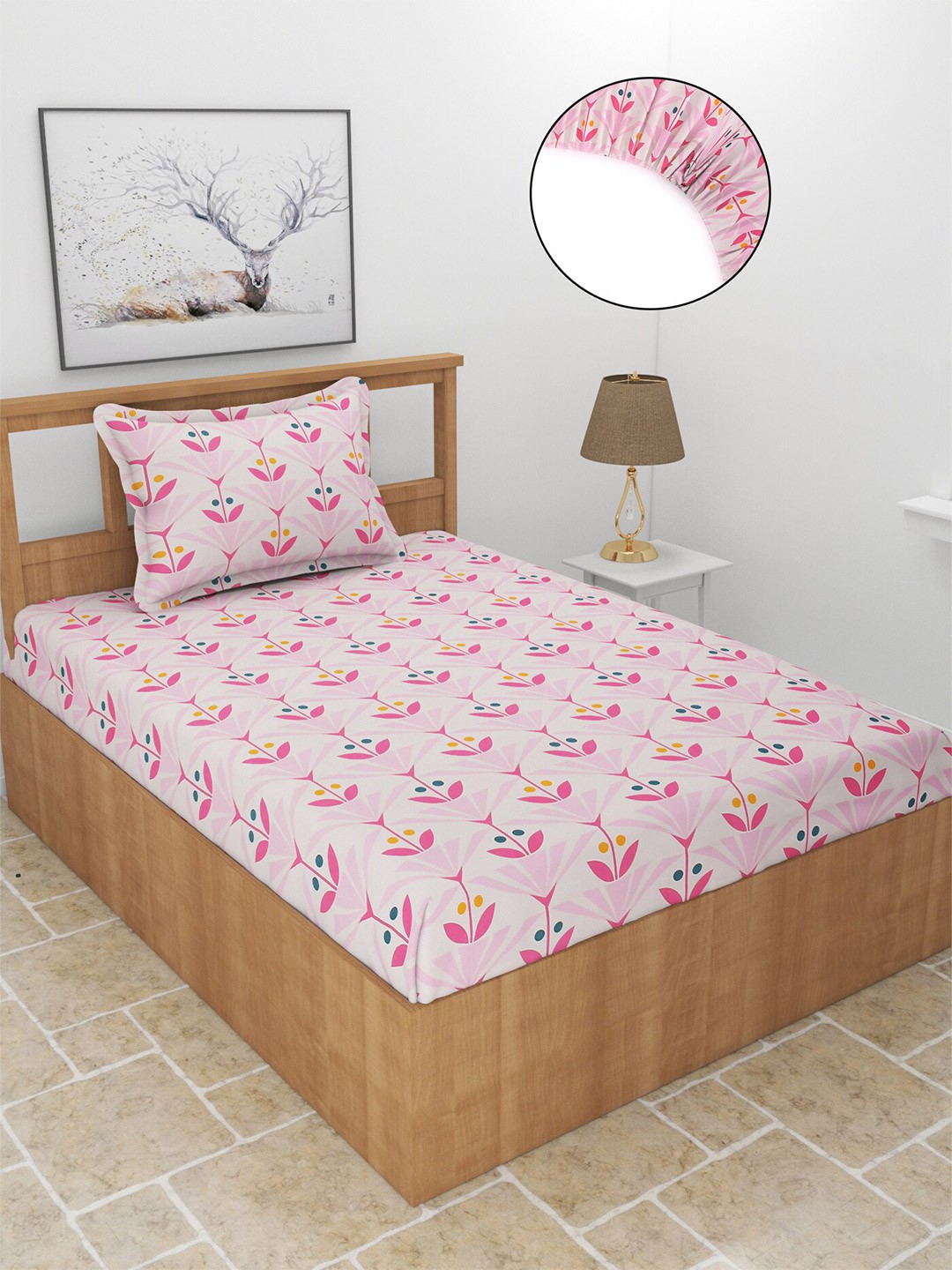 

BREVARD Pink & White Floral 210 TC Fitted Single Bedsheet with 1 Pillow Cover