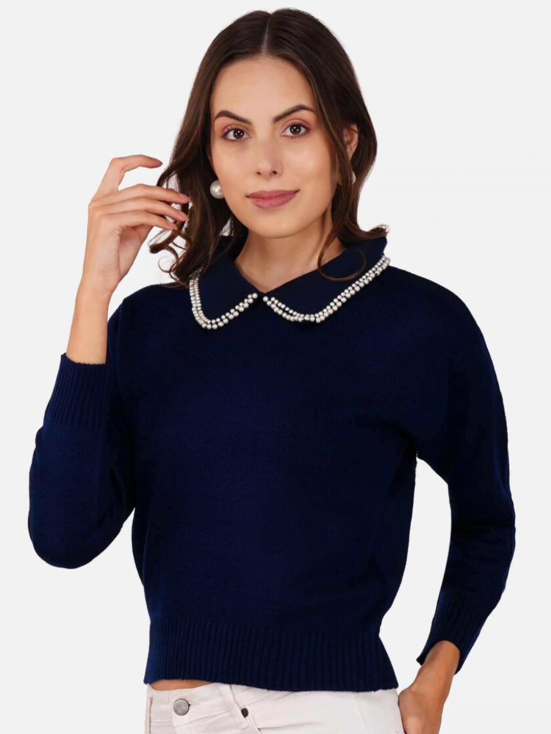 

JoE Hazel Peter Pan Collar Embellished Acrylic Pullover, Navy blue