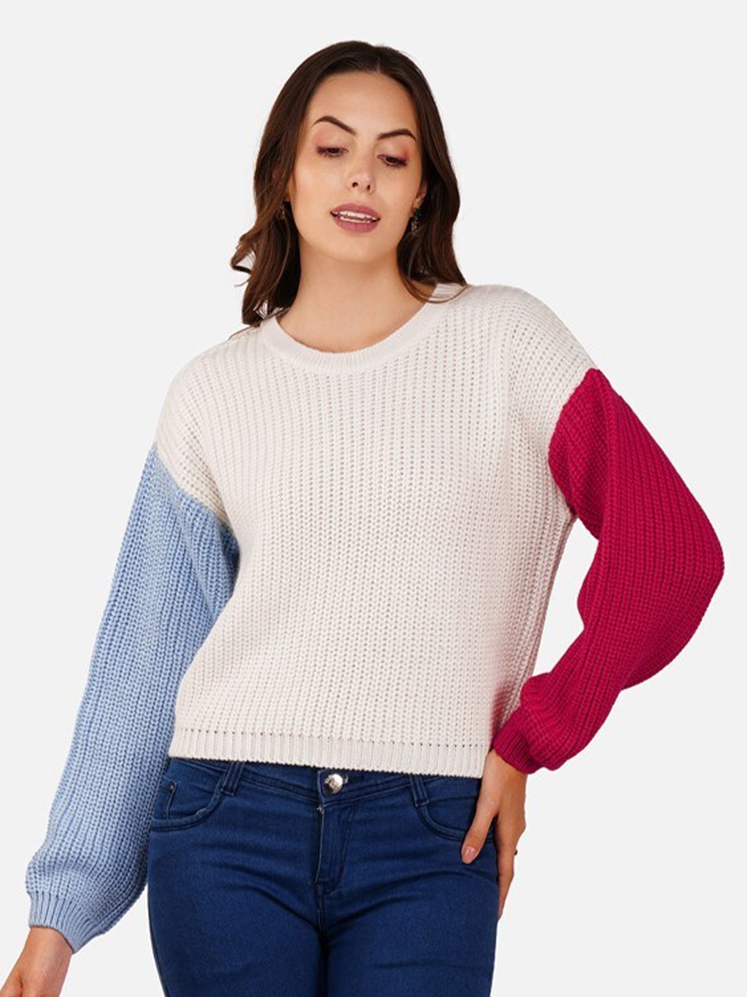 JoE Hazel Colourblocked Oversize Acrylic Pullover, White