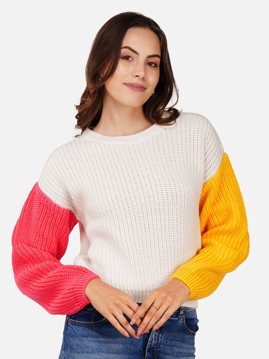 JoE Hazel Colourblocked Oversize Acrylic Pullover, White