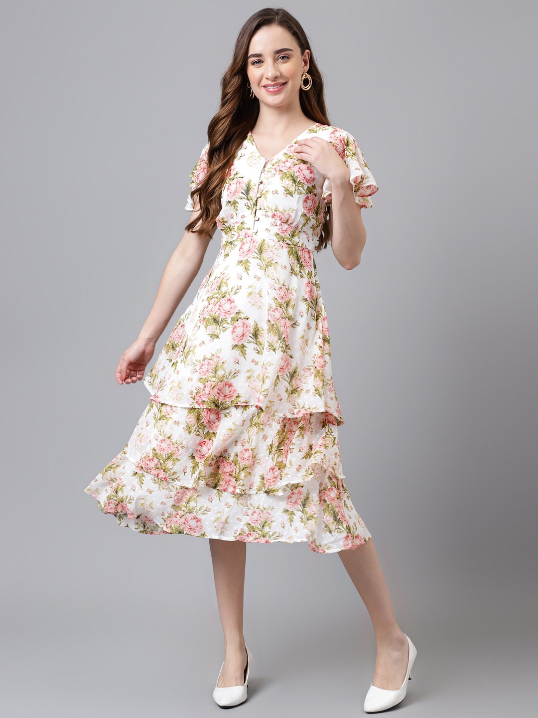

Latin Quarters Floral Print Flared Sleeve Midi Dress, White