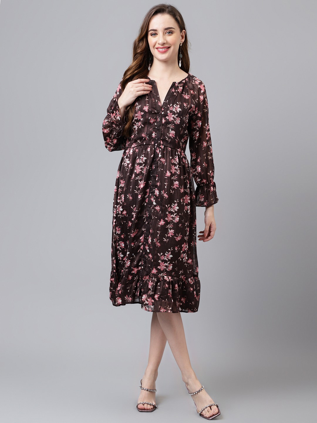 

Latin Quarters Floral Printed Gathered A-Line Dress, Brown