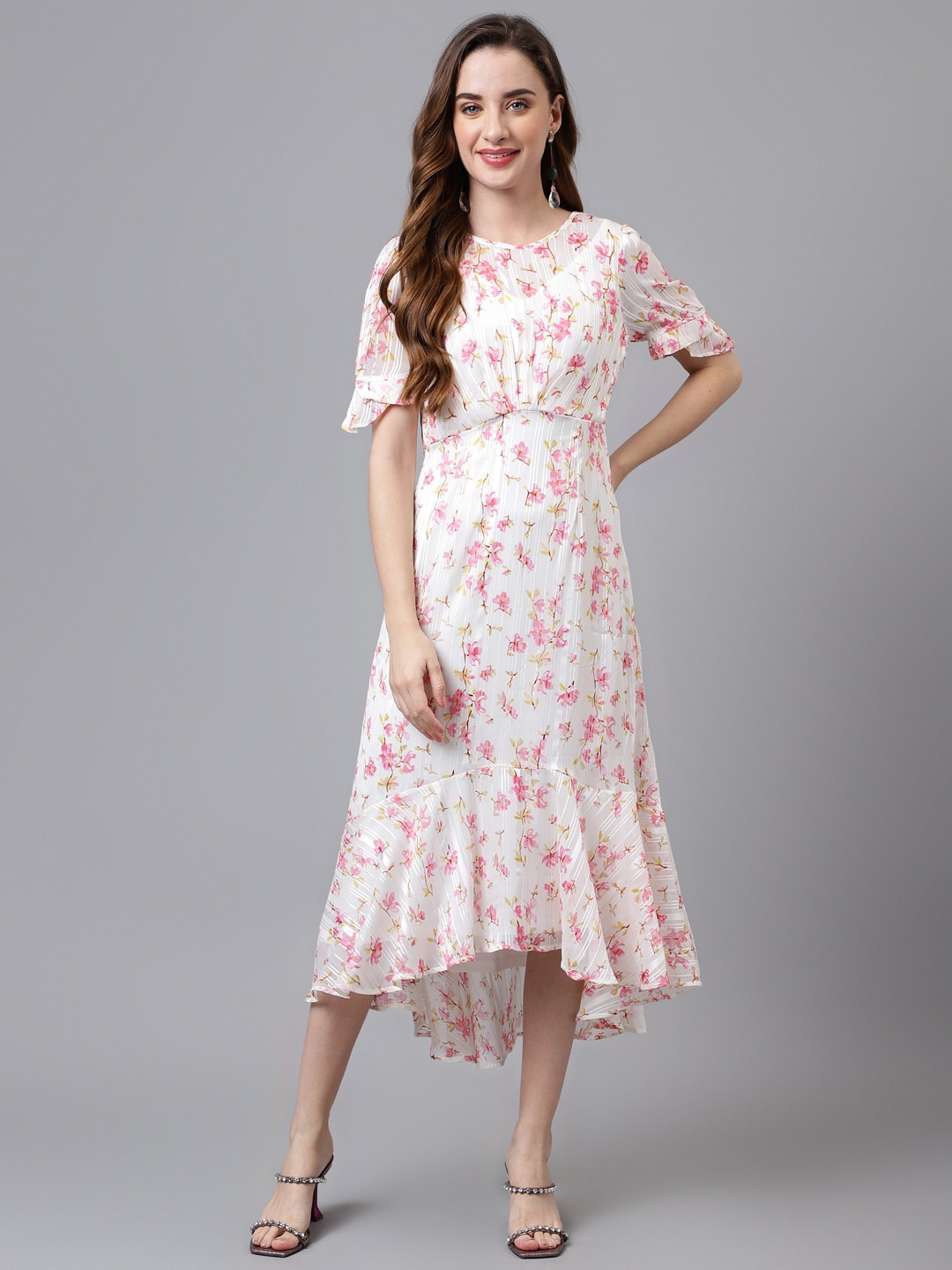 

Latin Quarters Floral Printed Flared Sleeves A-Line Midi Dress, White