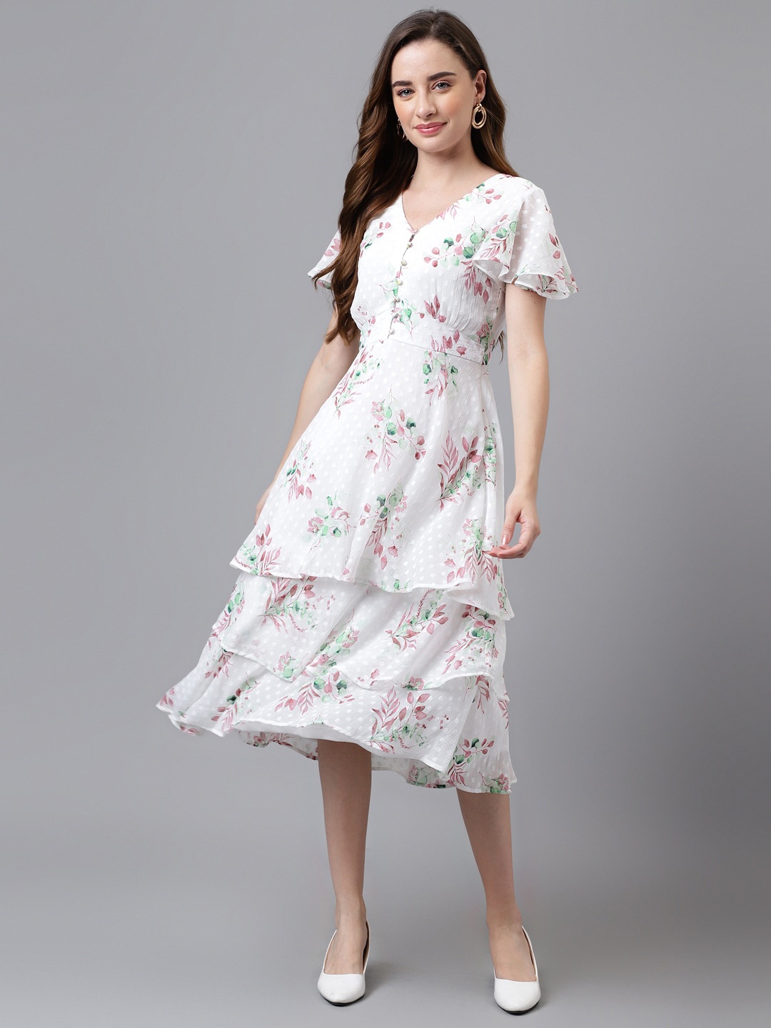 

Latin Quarters Floral Print Flared Sleeve Midi Dress, White