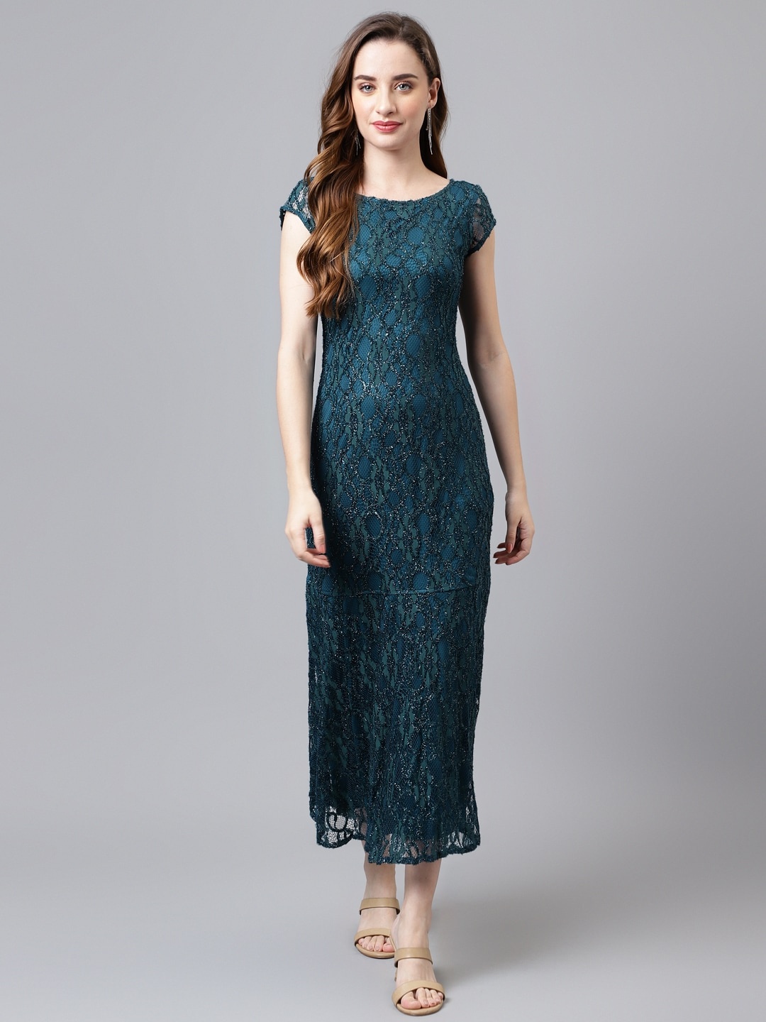 

Latin Quarters Floral Self Design Cap Sleeves Maxi Party Dress, Green