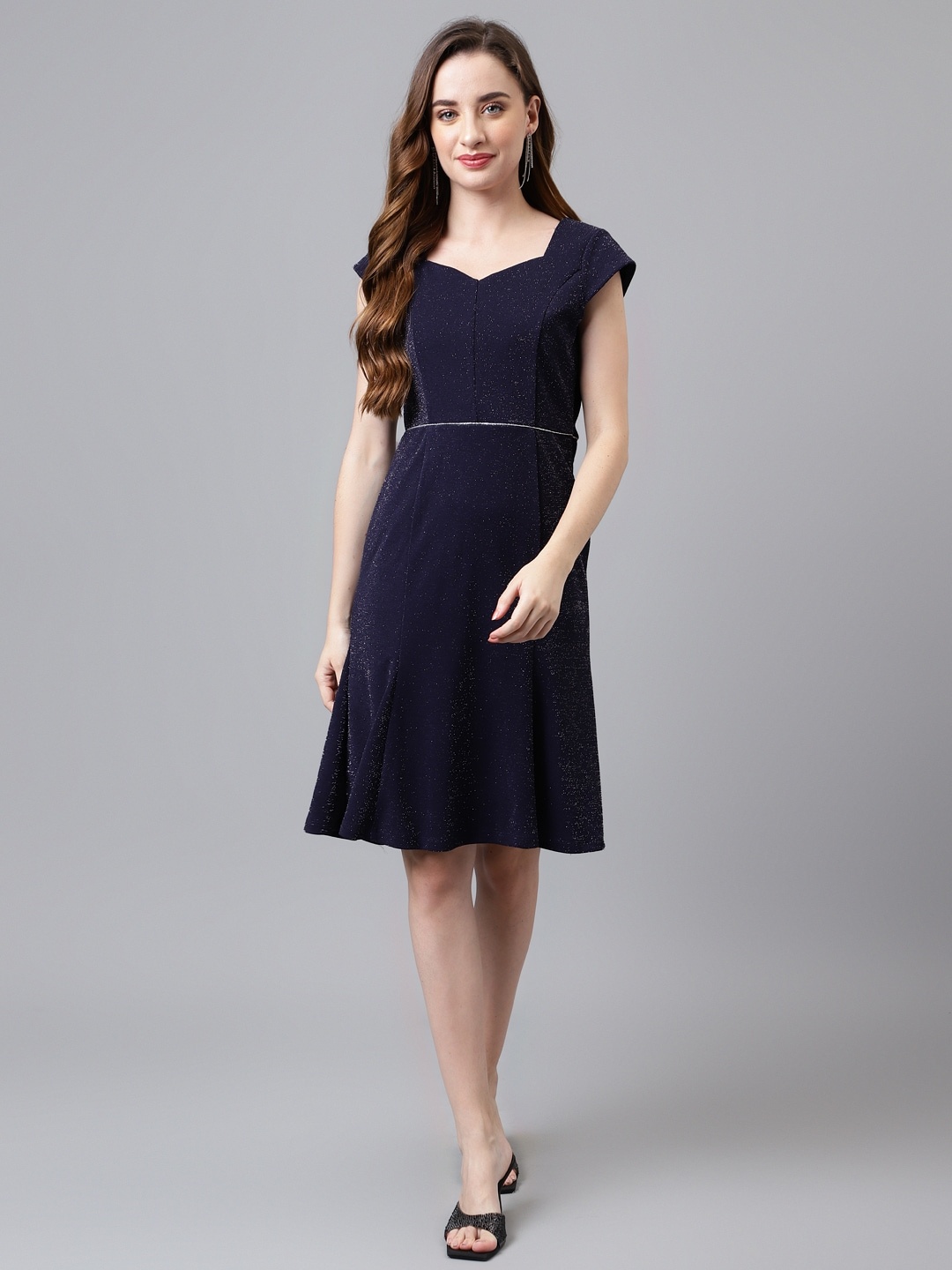 

Latin Quarters Embellished Sweetheart Neck Cap Sleeves Fit & Flare Party Dress, Navy blue