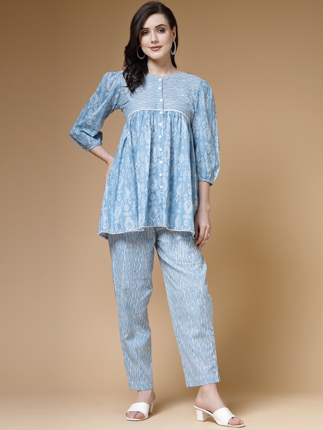 

Indibelle Printed Pleated Puff Sleeves Pure Cotton Tunic With Trouser, Blue