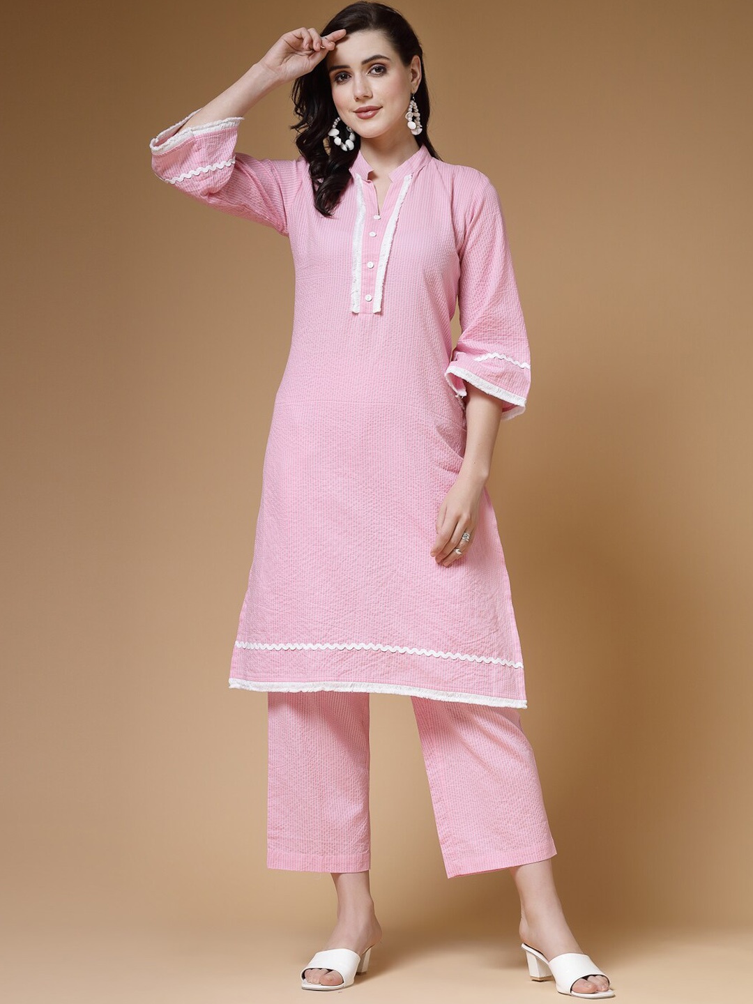 

Indibelle Striped Pure Cotton Kurta with Trousers Set, Pink