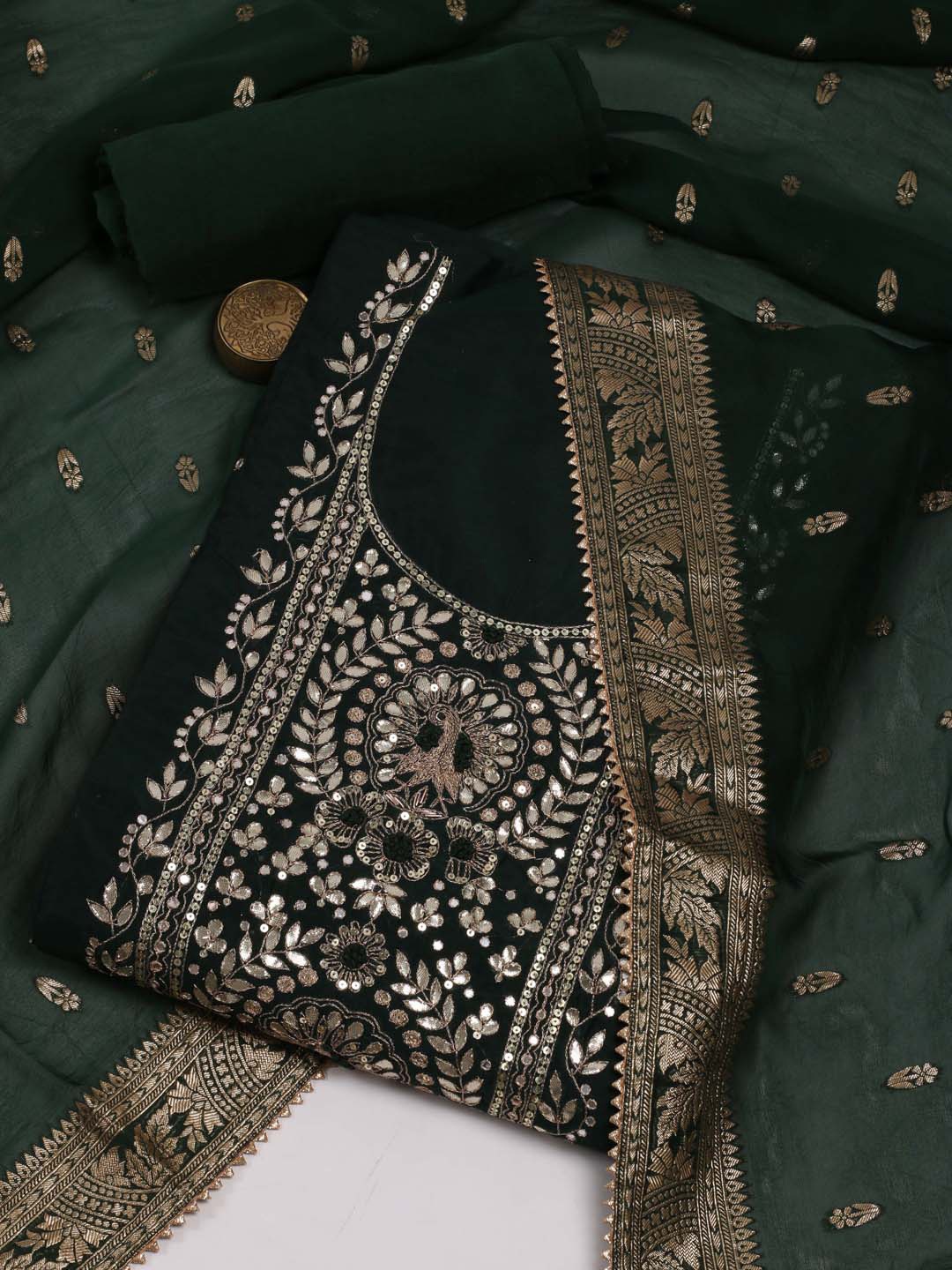 

Meena Bazaar Ethnic Motifs Zardozi Unstitched Dress Material, Green