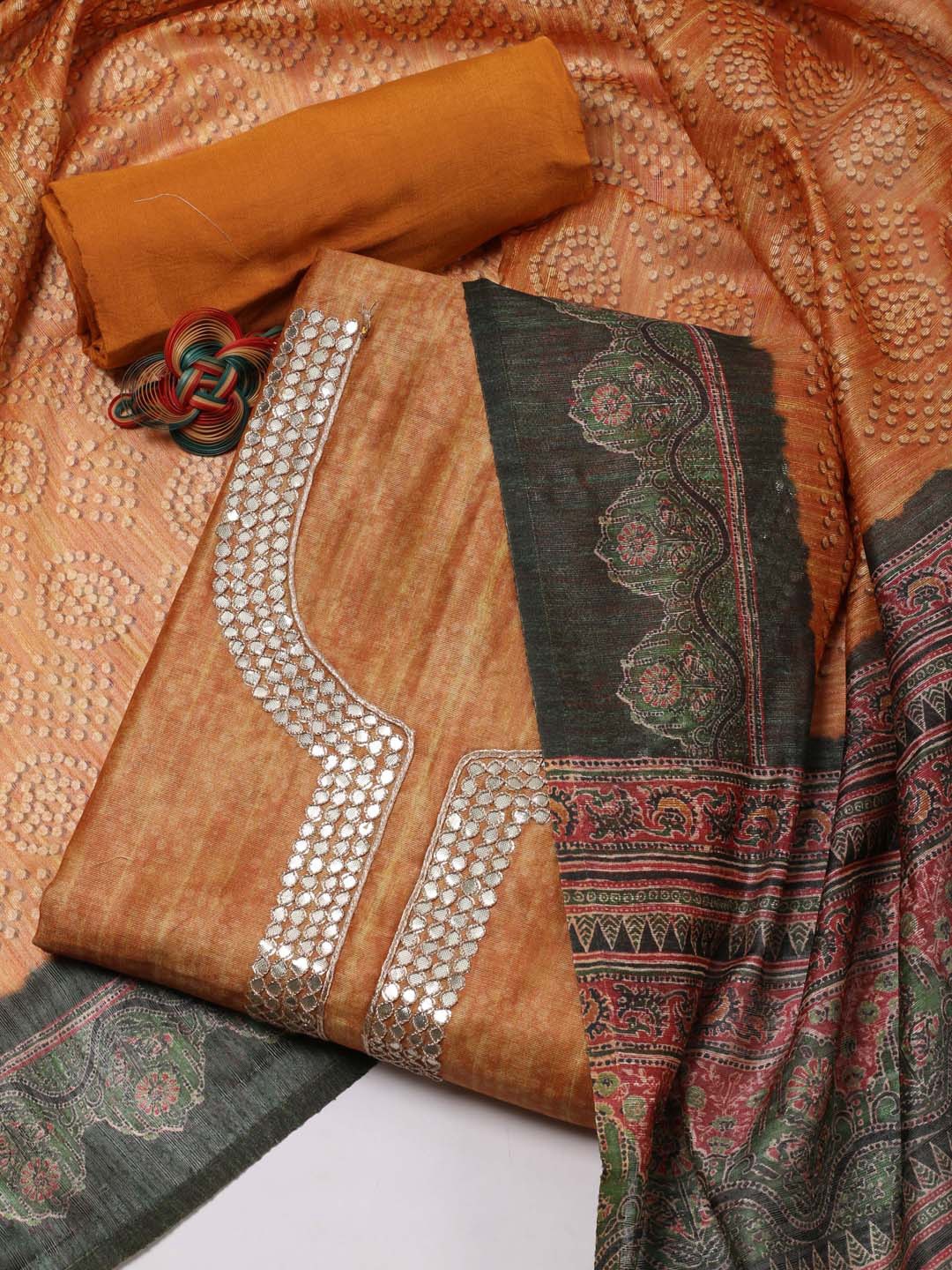 

Meena Bazaar Abstract Printed Thread Work Unstitched Dress Material, Mustard