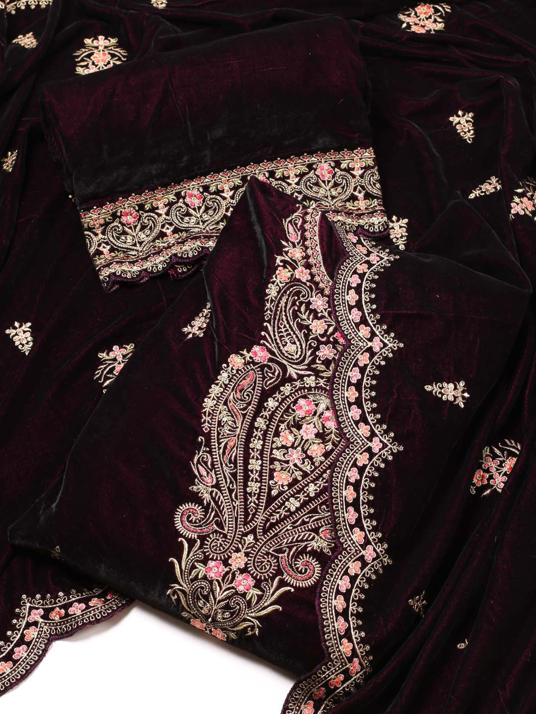 

Meena Bazaar Ethnic Motifs Embroidered Sequinned Unstitched Dress Material, Burgundy