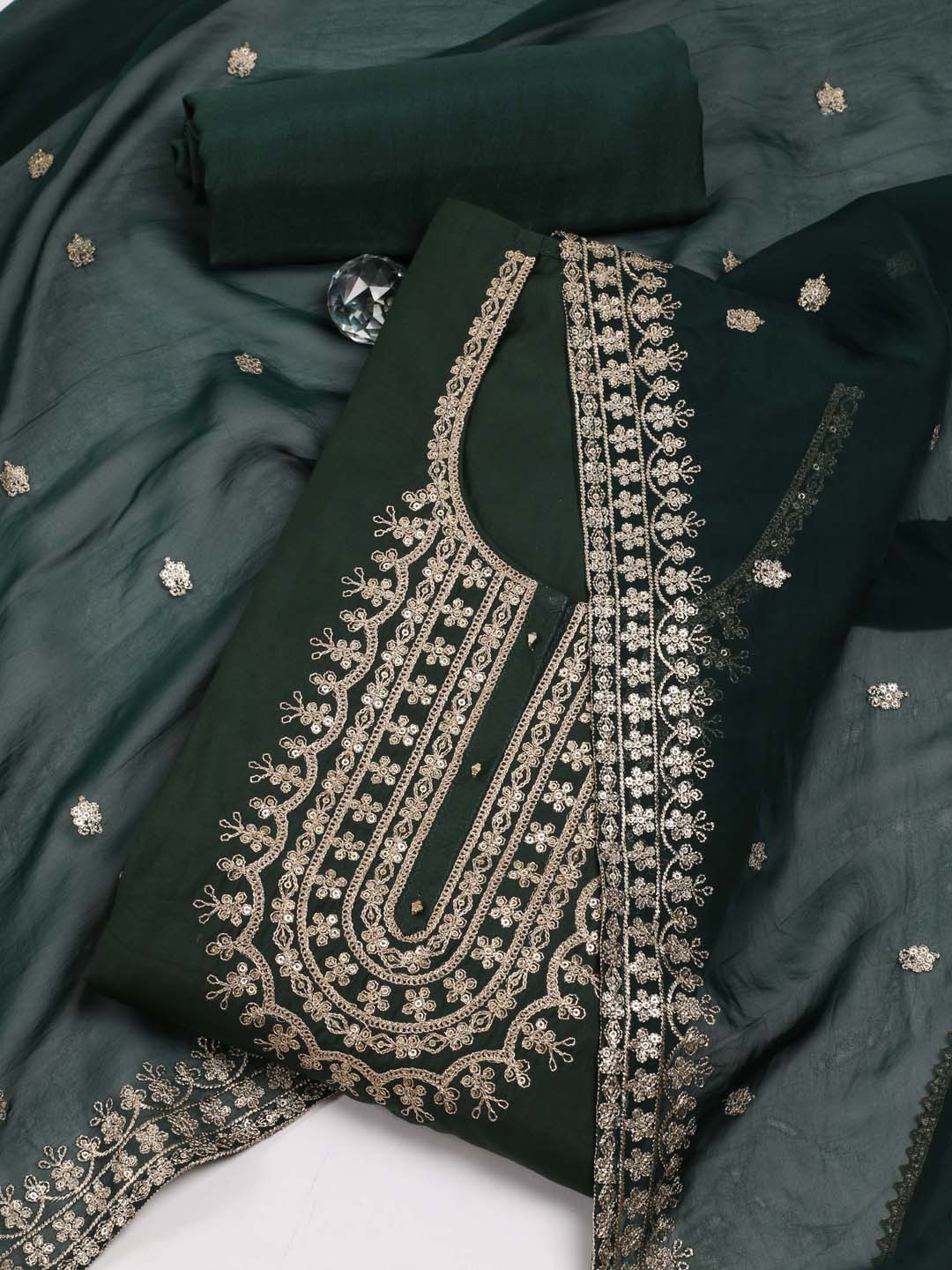 

Meena Bazaar Ethnic Motifs Embroidered Sequinned Unstitched Dress Material, Green