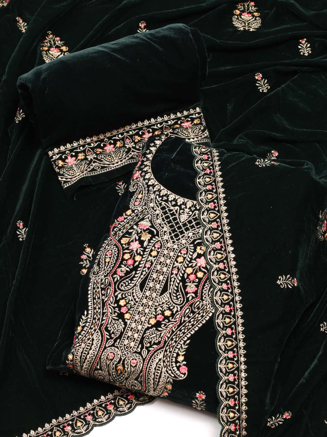 

Meena Bazaar Ethnic Motifs Embroidered Velvet Unstitched Dress Material, Green